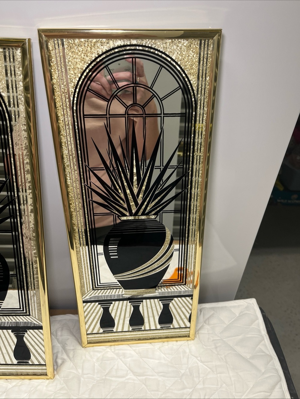 Vintage 80’s Gold Black Plant Vase Etched Mirrors Wall Art Pair Wall Decor - Picture 6 of 11
